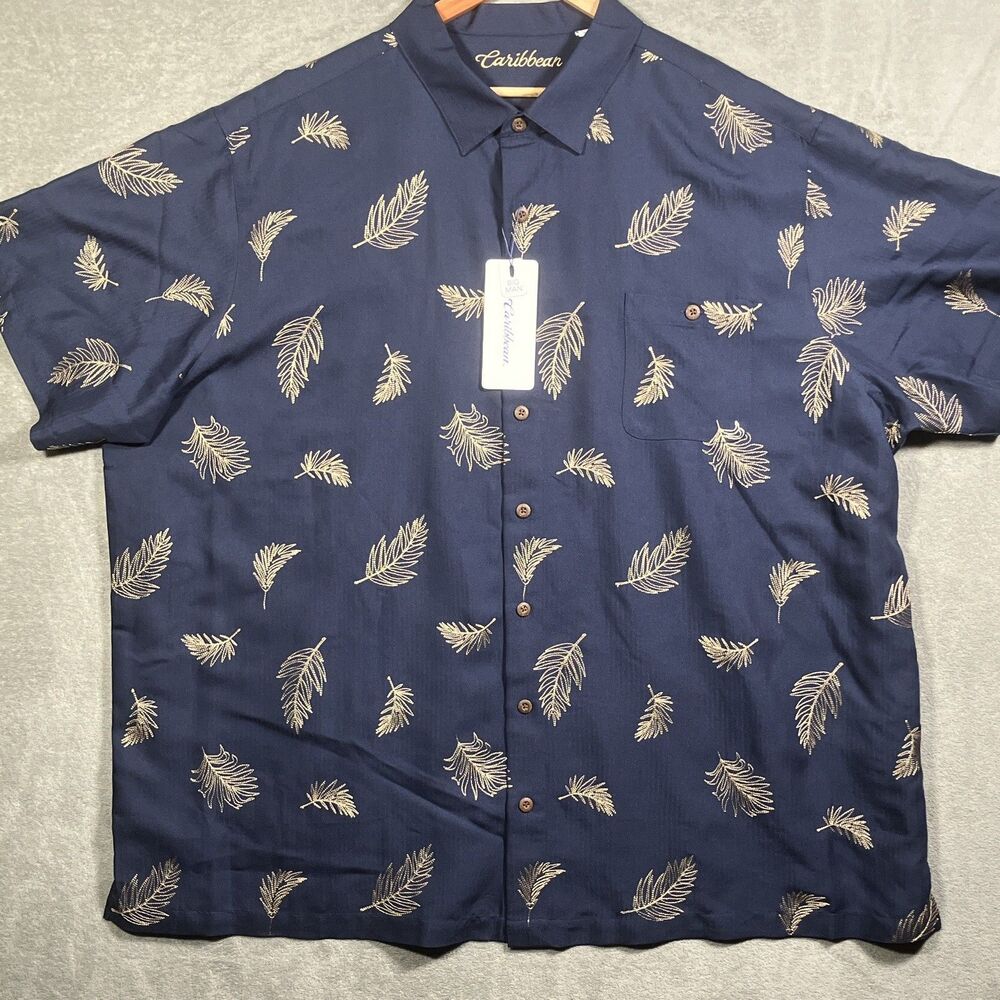 Caribbean Men’s Blue Woven Short Sleeve Button-Up Embroidered Shirt 4XB